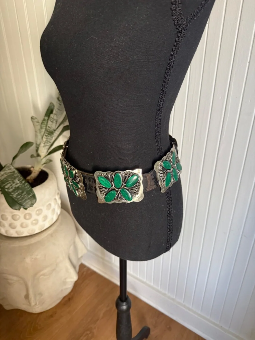 Vintage Navajo Old Pawn Sterling Silver Malachite Concho Belt Handmade